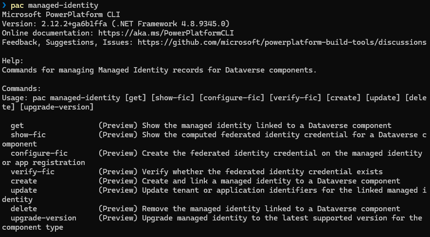 A screenshot of the Microsoft Power Platform Command Line Interface (CLI) displaying commands for managing Managed Identity records for Dataverse components.